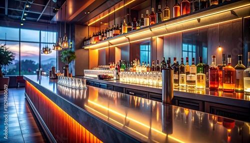 Modern Bar Counter with Glassware and Bottles under Neon Light