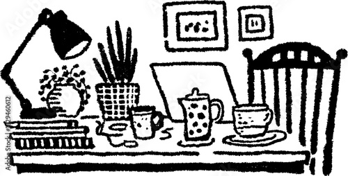 Desk setup with a lamp, plants, cup, and laptop. Simple black and white vector illustration featuring a cozy arrangement.