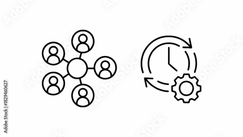 Teamwork and efficiency optimization represented by connected people and time management with gear mechanism concept illustration
