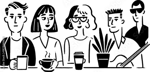 Vector illustration of a group of people sitting in a cafe with drinks and a guitar. This modern set showcases simple character designs.