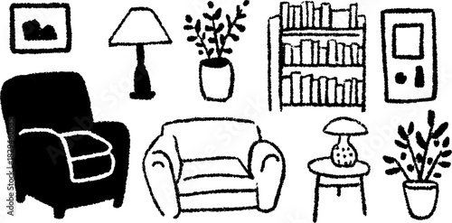 Furniture illustration set featuring a chair, lamp, and sofa. Modern vector design showcasing plants and a bookshelf for home decor.