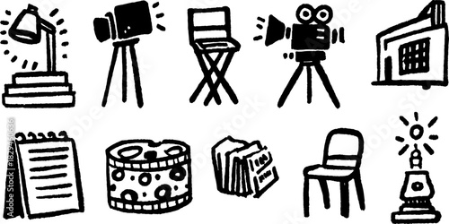 Camera, light, and director's chair on set. Simple black and white vector illustration showing film production equipment as a set.