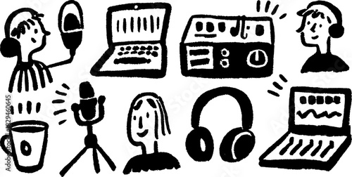 Podcast setup featuring microphone, laptop, and headphones. Simple vector illustration depicting audio recording equipment in a flat design set.