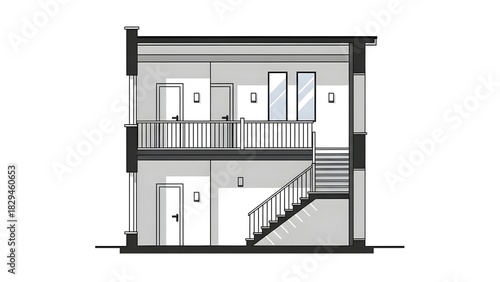 Architectural cross-section vector of a two-story building interior with staircase, balcony, and doors. Modern design blueprint.