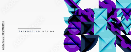 Abstract geometric shapes, vibrant blue, purple hues. Modern design element, clean white space, dynamic composition.