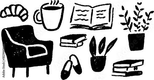 Coffee and croissant set with a plant, books, and a chair. Simple monochrome vector illustration depicting a cozy home environment.