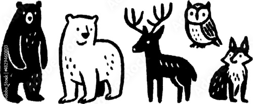 Set of cartoon animals illustration featuring a bear, owl, deer, and fox. The design is black and white, vector illustration with a simple, flat style.