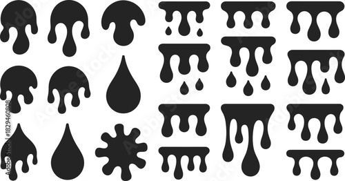 Dripping liquid silhouettes, abstract shapes, editable vector, black icons, fluid design, melting effect, graphic element, paint drip, artistic motif