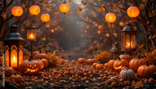 Enchanting Halloween night with glowing lanterns and carved pumpkins creating a spooky yet inviting atmosphere, perfect for fall festivities and seasonal designs