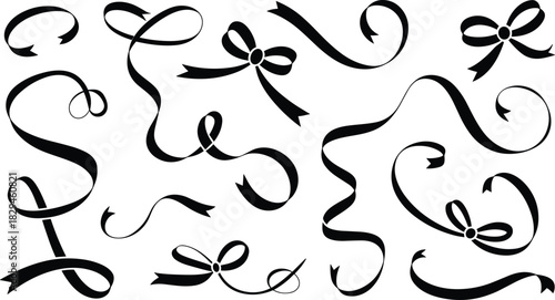 Ribbon design silhouettes, decorative bows, elegant curls, editable vector, black icons, festive ornament, graphic element, isolated style, celebration motif, swirl pattern