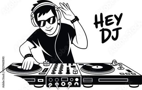 DJ performance silhouette, turntable setup, music mixing, headphones, vinyl record, editable vector, black icon, entertainment scene, party vibe, audio gear