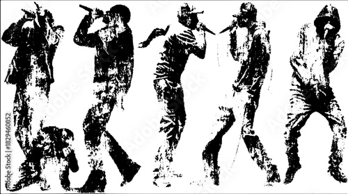 Silhouette of a rapper performing with a microphone. Vintage black and white line drawing vector illustration perfect for music themes.