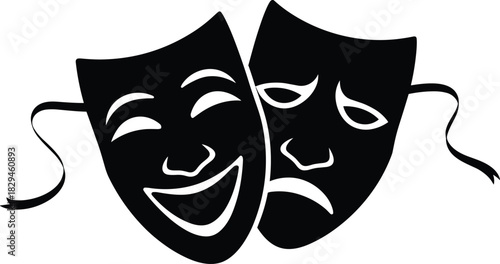 Theater masks, comedy and tragedy, dramatic expression, performing arts icon, editable vector, black silhouette, emotional contrast, stage symbol, artistic design