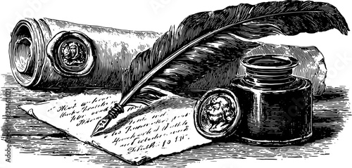 Vintage scroll and quill with ink. Detailed writing and seal illustrated in this elegant set, featuring textured paper and classic design in a vector illustration.