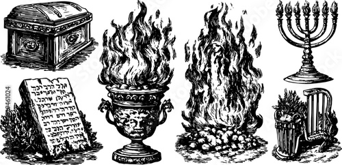 Set of historical artifacts including a flame, box, tablet, and menorah. Black and white vector illustration reflecting cultural significance.
