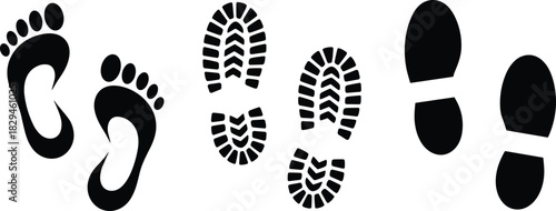 Footprint silhouettes, barefoot and shoe prints, editable vector, black icons, walking pattern, tracking design, footwear types, isolated graphic, trail marks