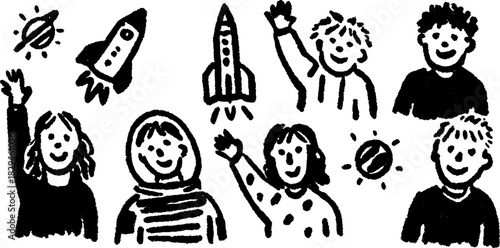 Children celebrating space exploration with rockets and planets. This simple black and white vector illustration features a happy group engaged with science.