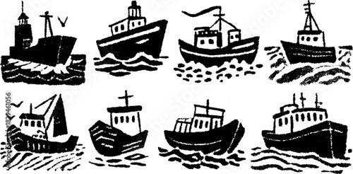 Set of black silhouette illustrations of various boats and vessels in a hand-drawn style. Features outlines and wave patterns in a vector illustration.