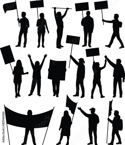 Protest crowd silhouettes, people with signs, activism poses, editable vector, black icons, public demonstration, civic engagement, social message, isolated design, rally