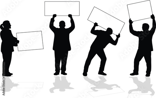 Protest silhouettes, blank signs, demonstration pose, editable vector, black icons, isolated figures, social message, public expression, activism concept, reflection effect