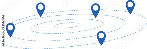 Location pin silhouettes, concentric map design, editable vector, black icons, geographic data, navigation concept, spatial analysis, GPS marker, abstract layout