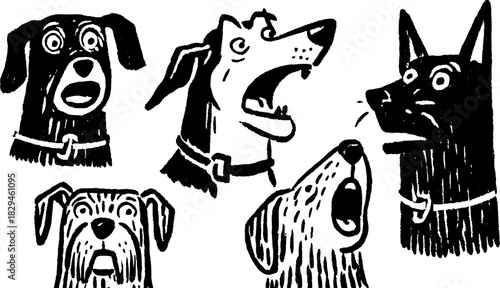 Dogs with various expressions in a simple black and white vector illustration. Set featuring barking and surprised portraits of different dog heads.