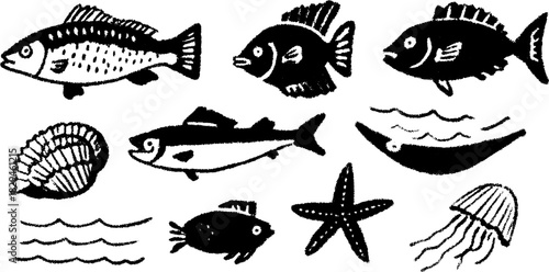 Silhouette fish and marine creatures. Hand-drawn doodle illustration set featuring outlines of various sea animals in a black vector style.