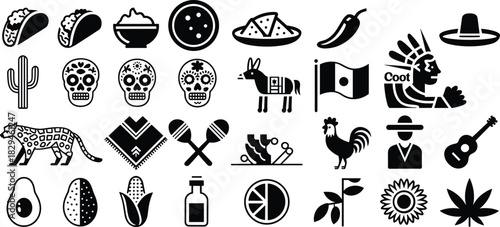 Mexican culture icons, traditional food, sombrero, sugar skulls, chili pepper, cactus, poncho, piñata, vector illustration, black and white, editable, isolated