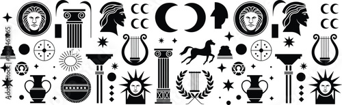 Ancient Greek Roman symbols, mythology icons, classical art elements, editable vector, black silhouette, cultural motif, decorative design, historical theme, antique style