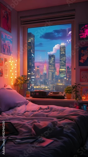 purple lofi anime bedroom interior with city skyline window view sunset