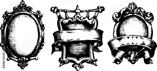 Vintage frames in black and white. Ornate decorative elements for banners or labels, set of vector illustrations showcasing classic design.
