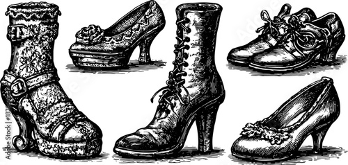 Antique shoes and boots. Vintage engravings in a hand-drawn style showcase floral details. Set of unique footwear vector illustrations.