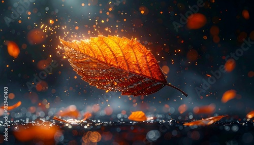 Glowing orange leaf floats, sparkles amidst a blurred, dark background with other fallen leaves scattered below