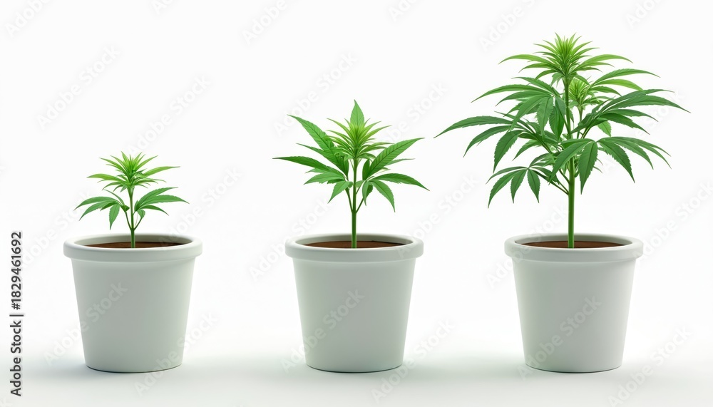 Obraz premium Three cannabis plants in different growth stages stand in white pots on a white background. The plants show progressive development from seedling to mature bush like form.