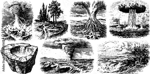 Antique engraving set showcasing natural phenomena like tornadoes and volcanoes in intricate detail. This vintage vector illustration captures various landscapes.