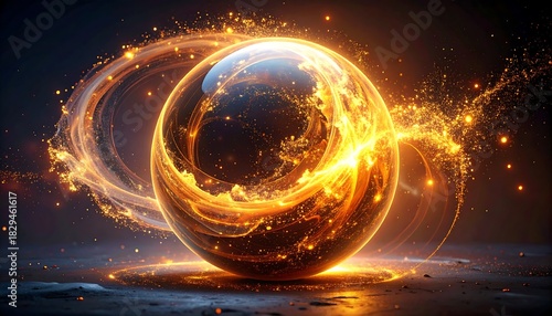 Glowing orb with swirling energy, on surface. Warm hues contrast with a dark background, creating a cosmic effect