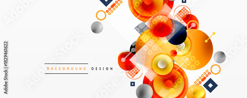 Abstract geometric design. Circles, squares, vibrant colors create modern background. Minimalist composition, dynamic shapes, clean aesthetic.