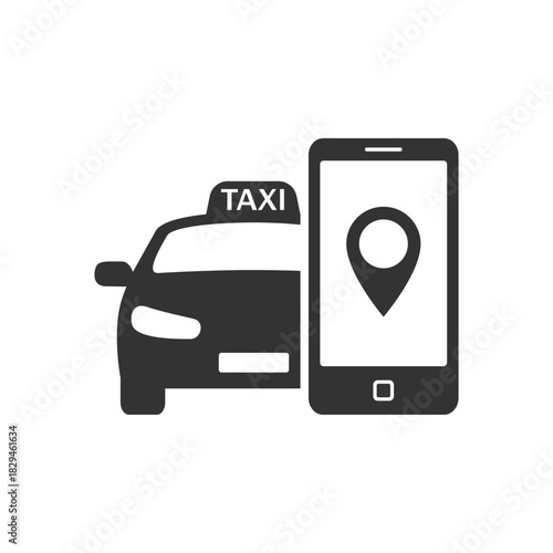 Calling a taxi online graphic icon. Smartphone with location mark and taxi car. Sign isolated on white background. Vector illustration