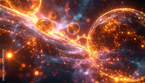 Glowing orbs cluster, intertwined with flowing energy on a dark backdrop, creating a vibrant, ethereal composition