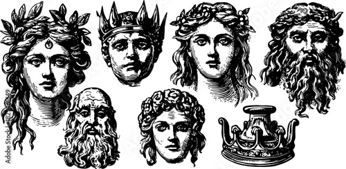 Illustration of classic gods and deities, featuring detailed black and white portraits. The set includes diverse facial representations in a vintage vector style.