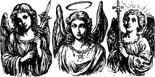 Angel figures in a black and white vector illustration set. Retro sketch art featuring wings, halos, and symbols like swords and crosses.