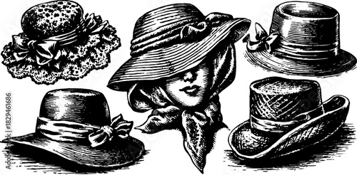 Vintage hats in black line drawing style. This elegant set of illustrations features various hat designs, perfect for a fashion vector.