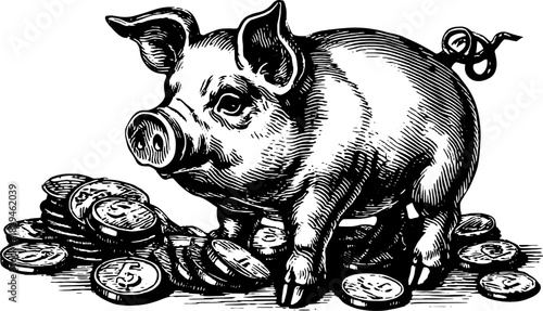 Pig with coins representing wealth. Vintage vector illustration depicting money concepts in a simple art style.