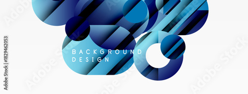 Abstract blue shapes overlap, creating dynamic background. Text reads background design within central form. Modern, vibrant composition.