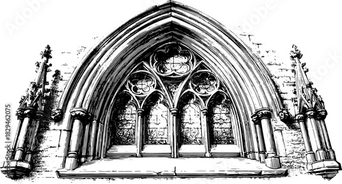 Gothic architecture. Vintage engraving of a window with elaborate details and textures. This artwork showcases craftsmanship in a classic vector illustration.