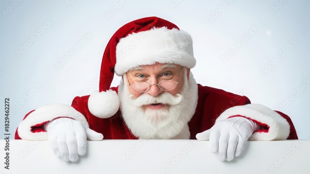 Naklejka premium Jolly santa claus in traditional red suit and hat, wearing glasses, peeking over a white surface with a festive smile.