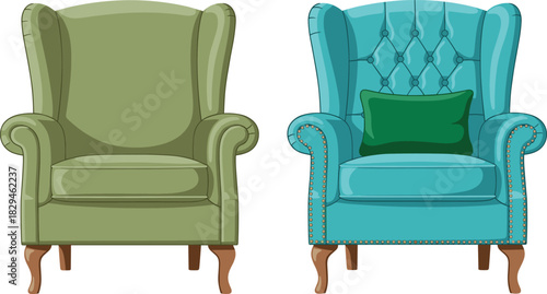 Classic Wingback Armchair Vector Illustration Set Featuring Green and Blue Tufted Upholstery with Nailhead Trim and Accent Pillow for Luxury Interior Design.