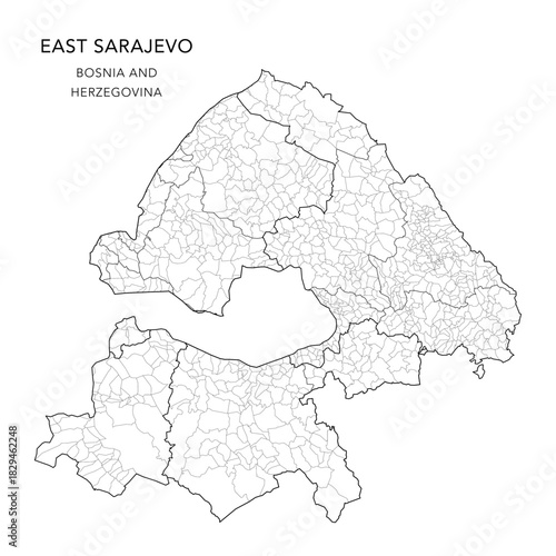Vector Map of the Mesoregion of East Sarajevo (Mezoregija Istočno Sarajevo) with Settlements (Naselja), and Cities and Municipalities, and Subregions - Republika Srpska, Bosnia and Herzegovina 2025