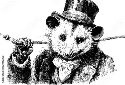 Vintage illustration of an anthropomorphic possum in a tuxedo featuring a top hat and cane. Black and white vector art set.