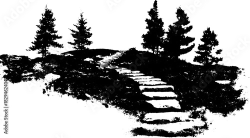 Pathway leading up a hillside with trees. Black and white vector illustration in a simplified, flat style.
